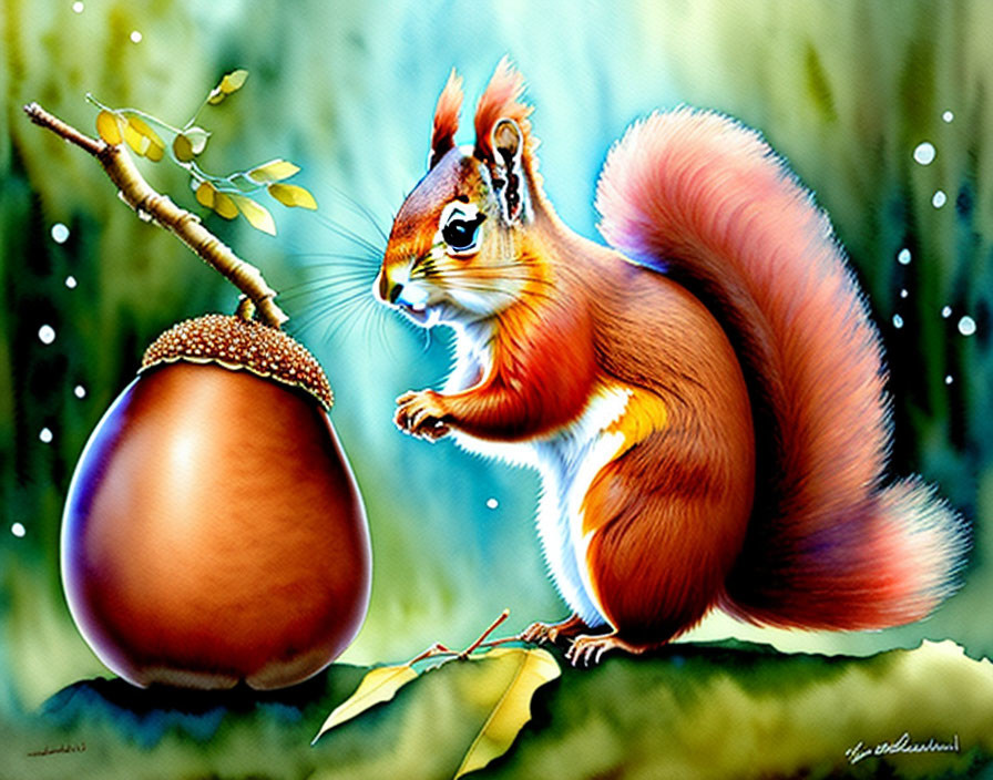 Colorful painting of red squirrel with acorn on branch in dreamy setting