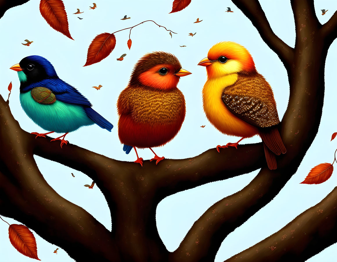 Colorful Cartoon Birds Perched on Branch with Falling Leaves