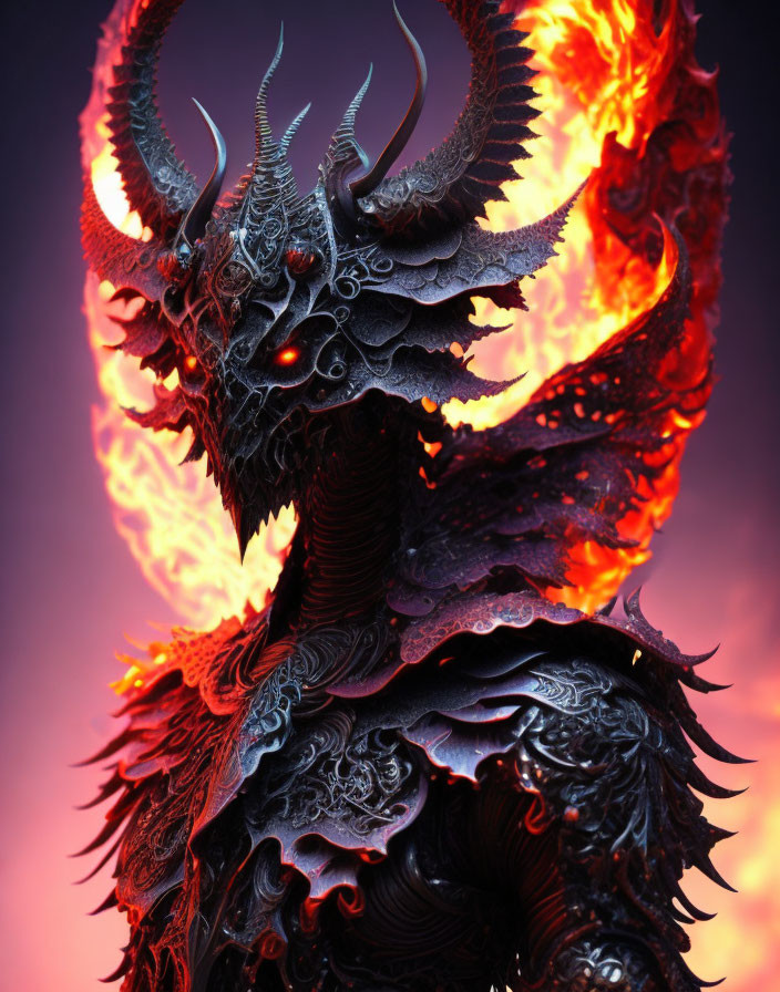 Fantasy creature with ornate horns and fiery backdrop