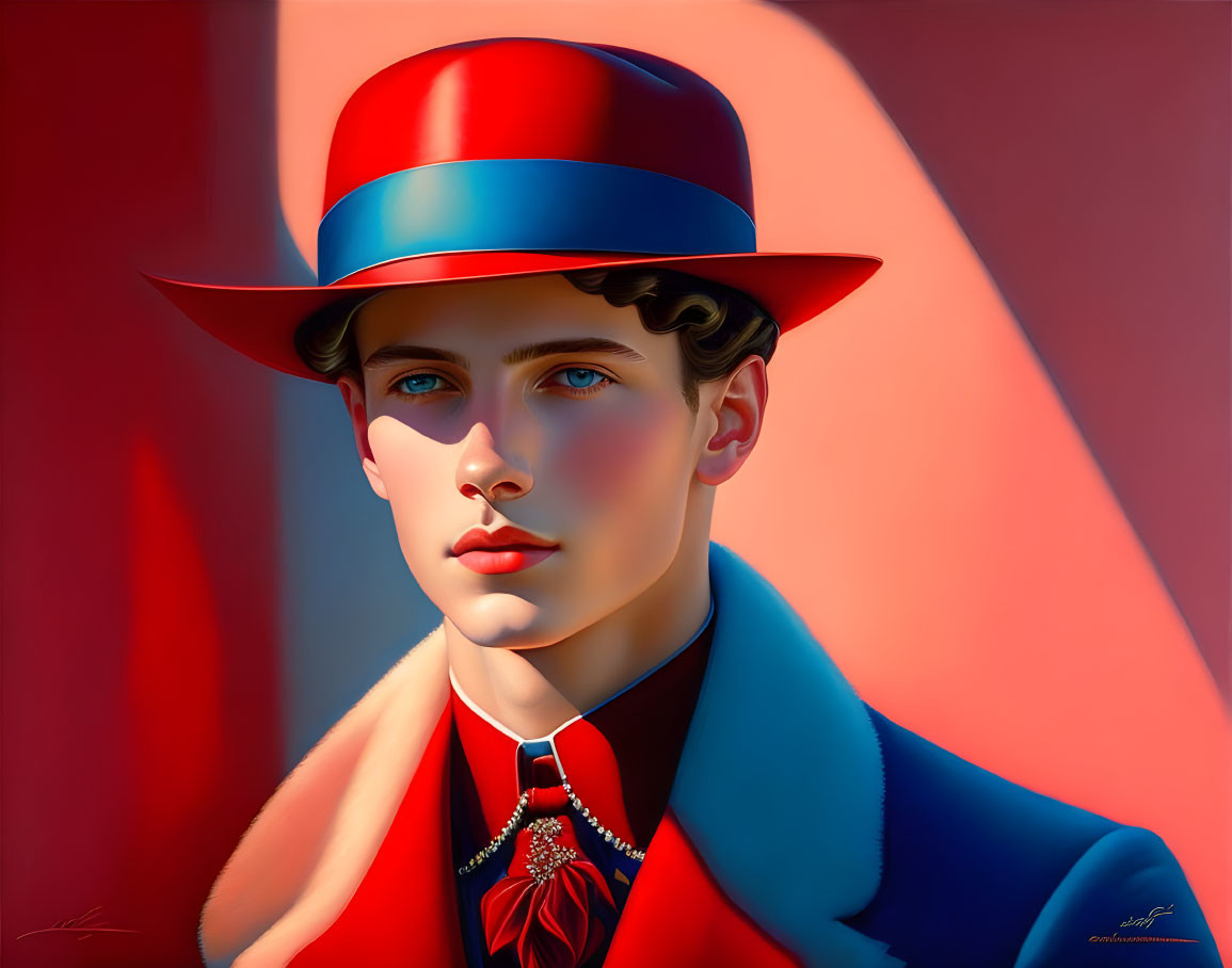 Stylized portrait of person with fair skin in red outfit