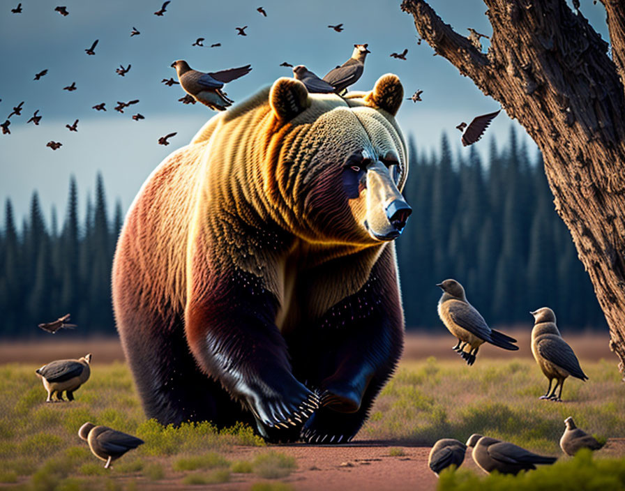 Bear surrounded by birds in serene meadow with tree and flying flock.