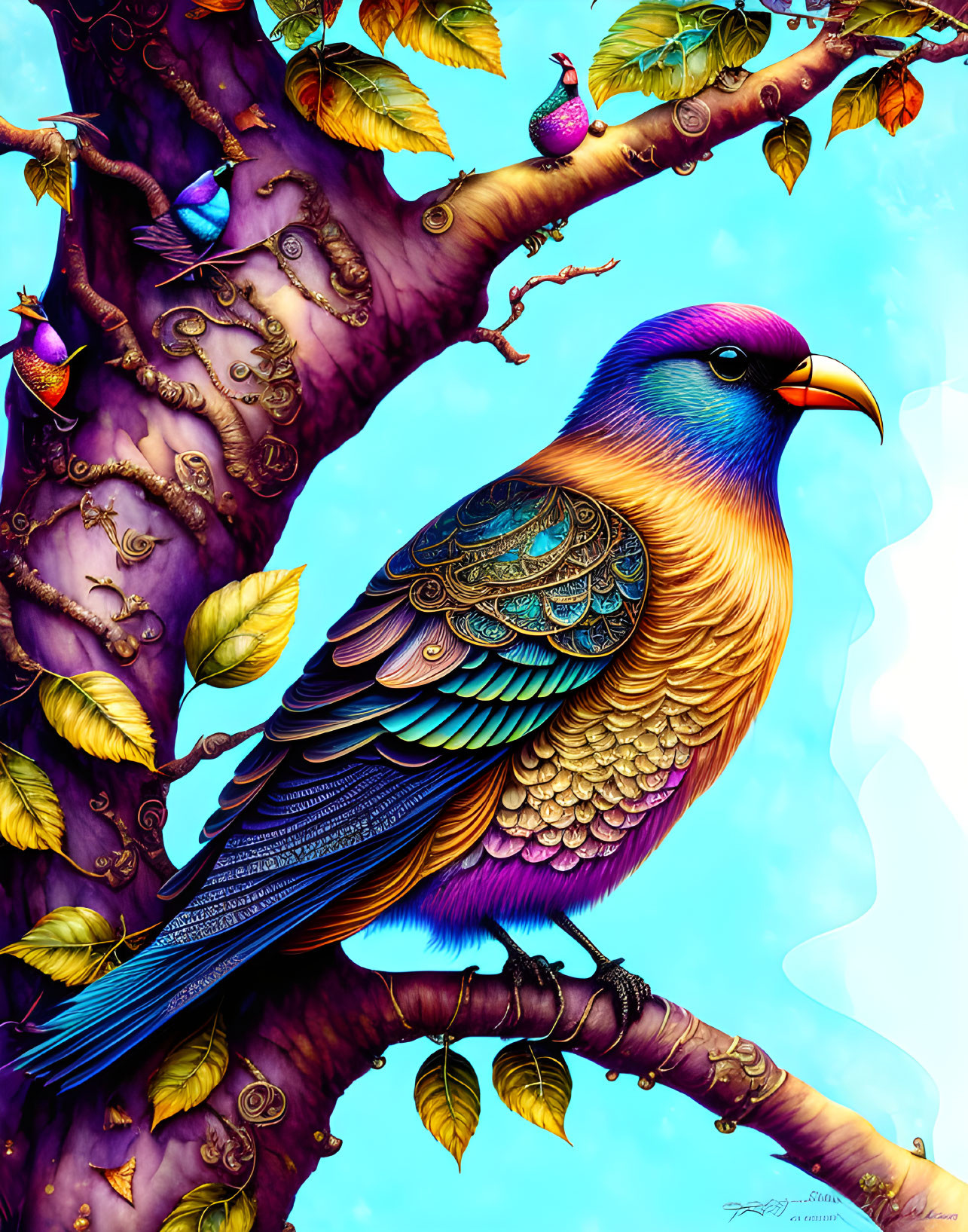 Colorful Bird Perched on Tree Branch with Gold Leaves and Blue Sky