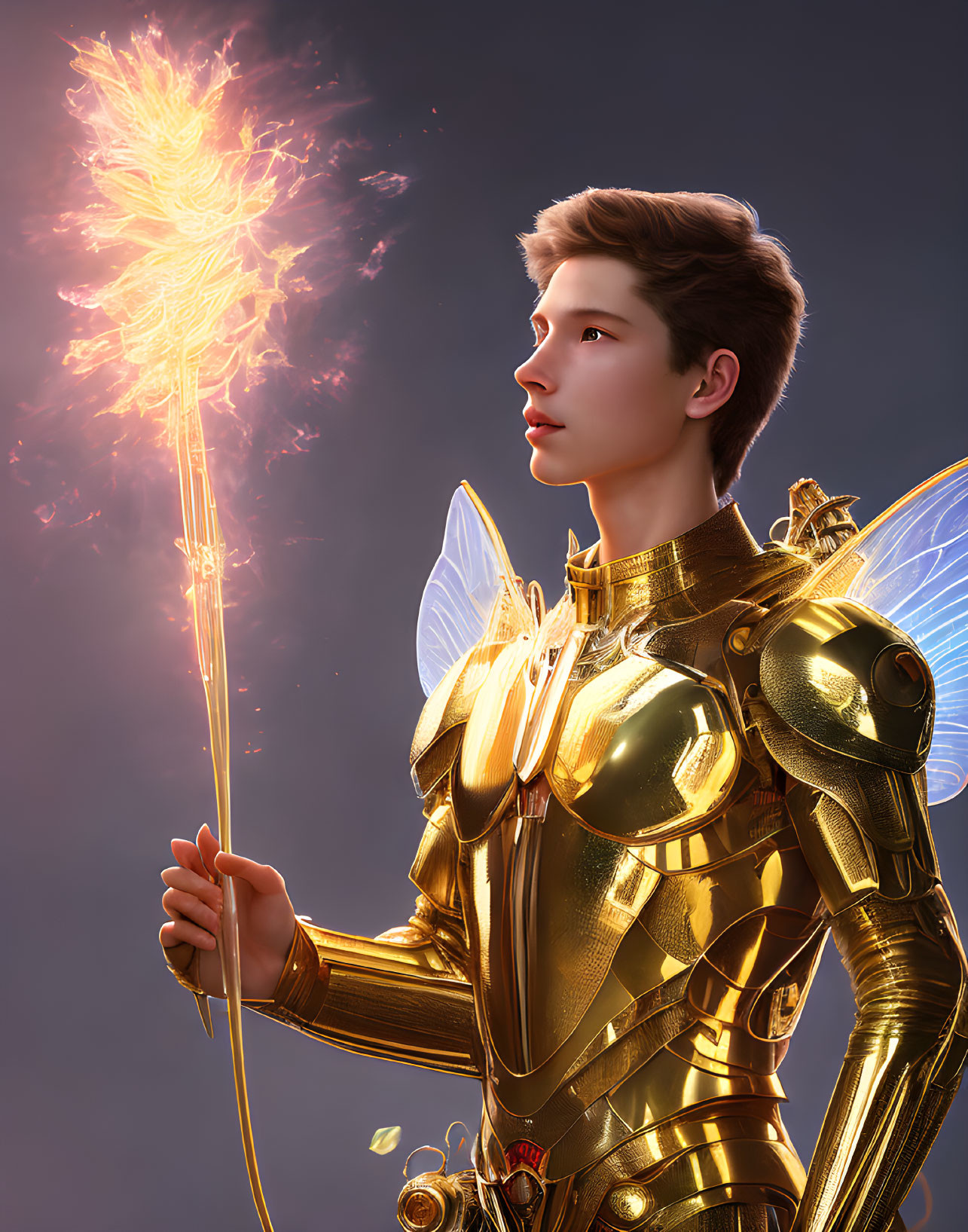 Digital artwork: Youthful figure with translucent wings and golden armor holding fiery staff on purple backdrop