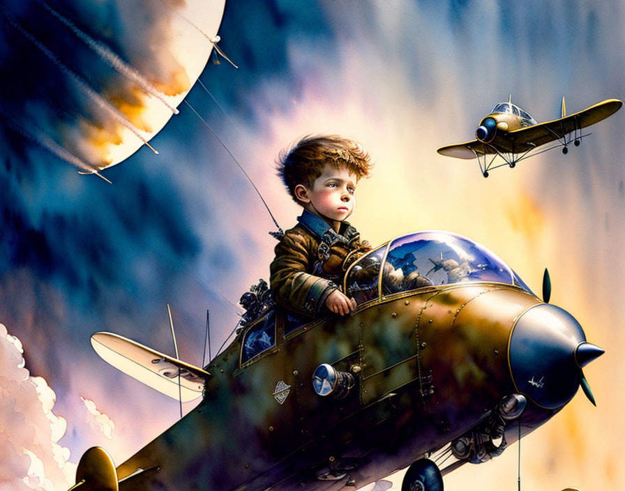 Child in pilot's cap on whimsical plane flying in clouds.