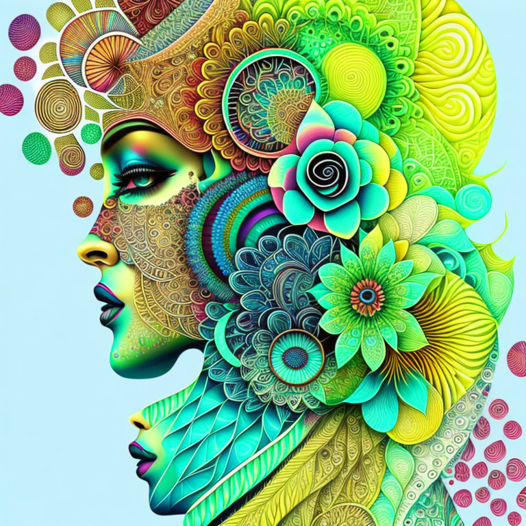 Colorful digital artwork: Woman's profile with intricate floral patterns