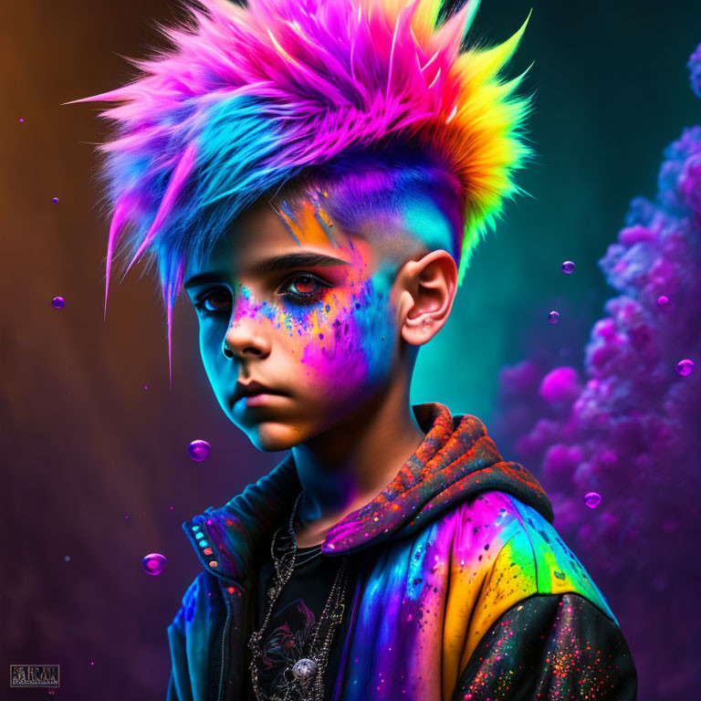 Colorful Young Person with Mohawk and Neon Paint in Vibrant Background