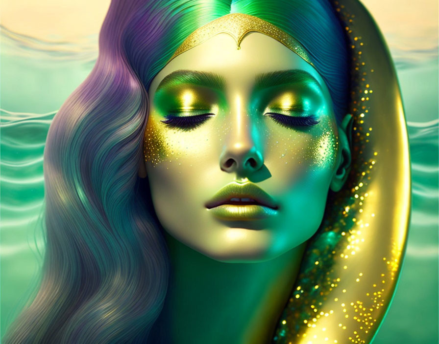 Colorful digital artwork of woman with multicolored hair and oceanic theme