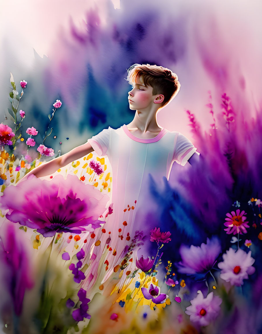 Person standing among vibrant flowers with serene expression and delicate lighting.