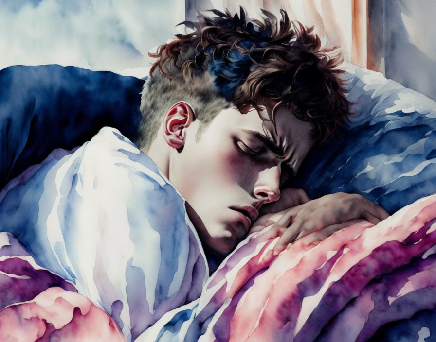 Peaceful young person in watercolor resting on pillow with rumpled sheets