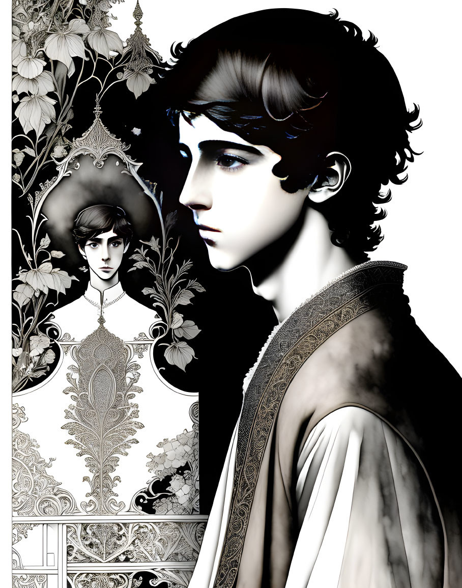 Monochromatic illustration of young man in classical attire with ornate patterns