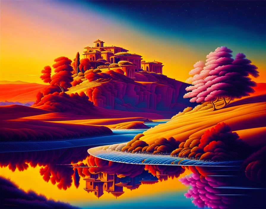 Colorful Sunset Over Fantastical Landscape with Reflective Waters