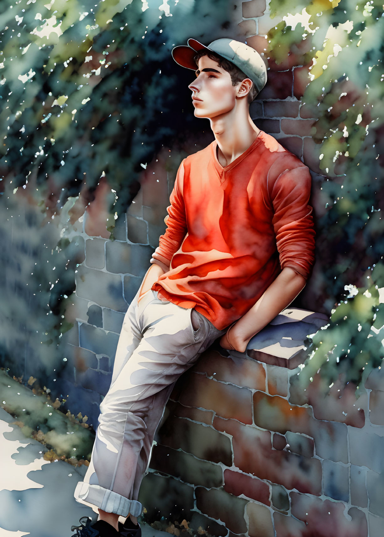 Person in Red Shirt Sitting Surrounded by Foliage on Brick Ledge