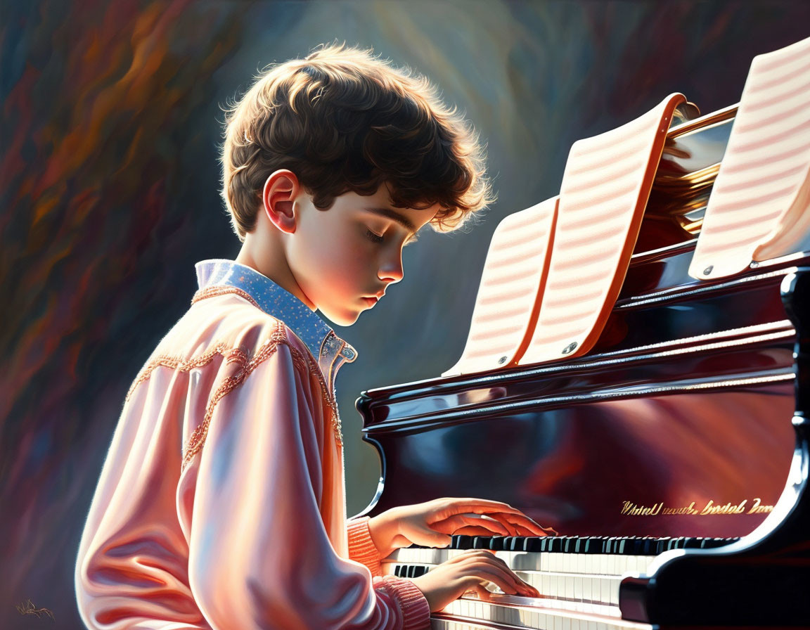 Young boy playing grand piano with sheet music in warm light