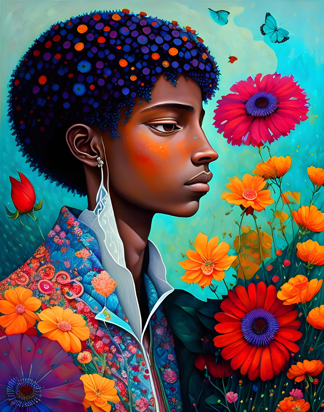 Colorful illustration: person in floral shirt with blue hair and flowers, butterflies, and flowers.