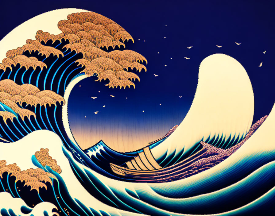 Intricate stylized wave illustration on dark blue background