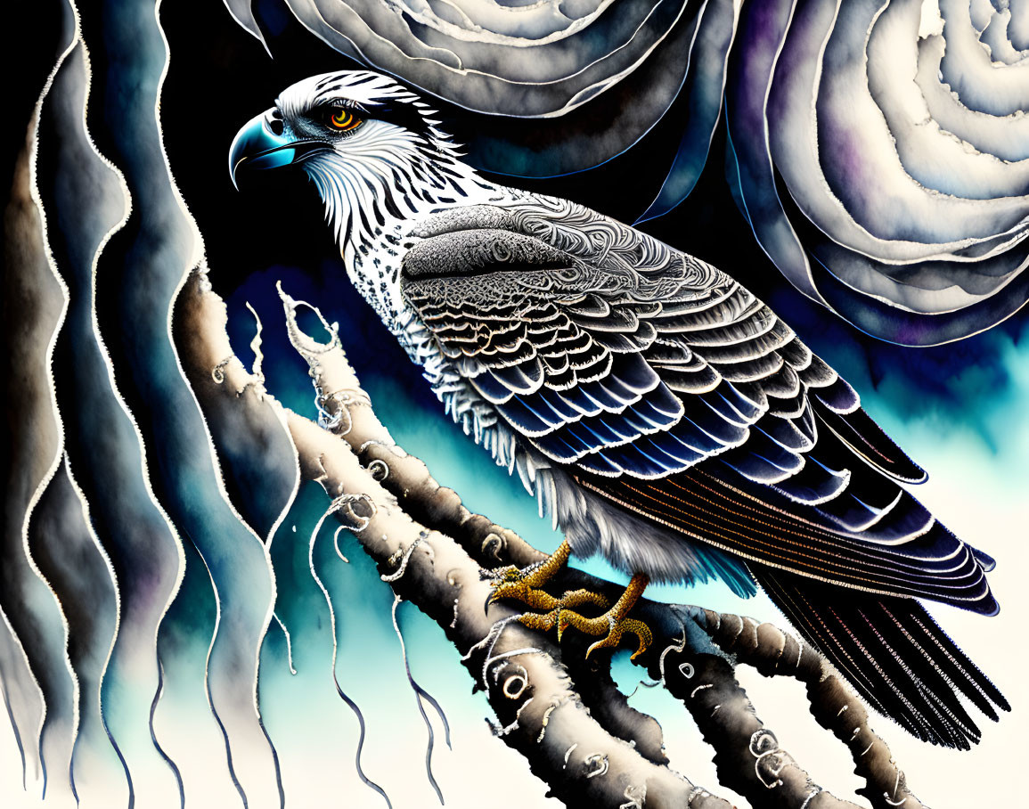 Detailed Eagle Perched on Branch with Stylized Clouds