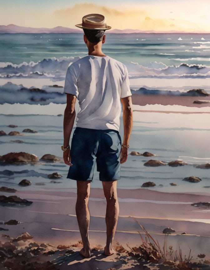 Man in white t-shirt and straw hat standing on sandy beach facing ocean