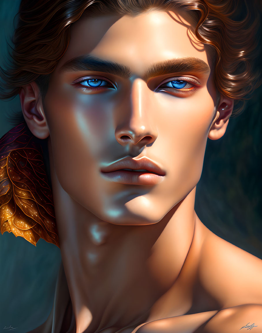 Shirtless male digital art: blue eyes, curly hair, red & gold earring