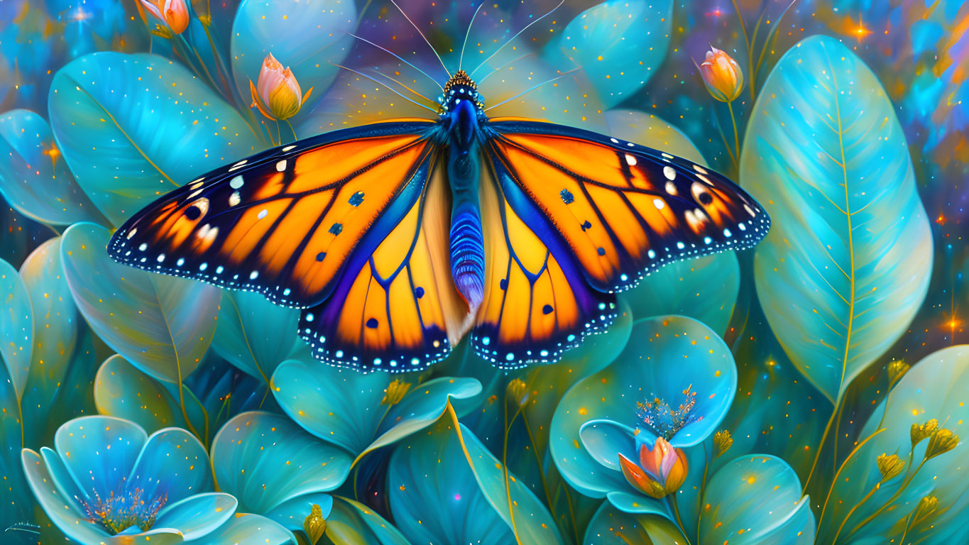 Colorful Butterfly Resting on Blue Flowers with Dreamy Ambiance