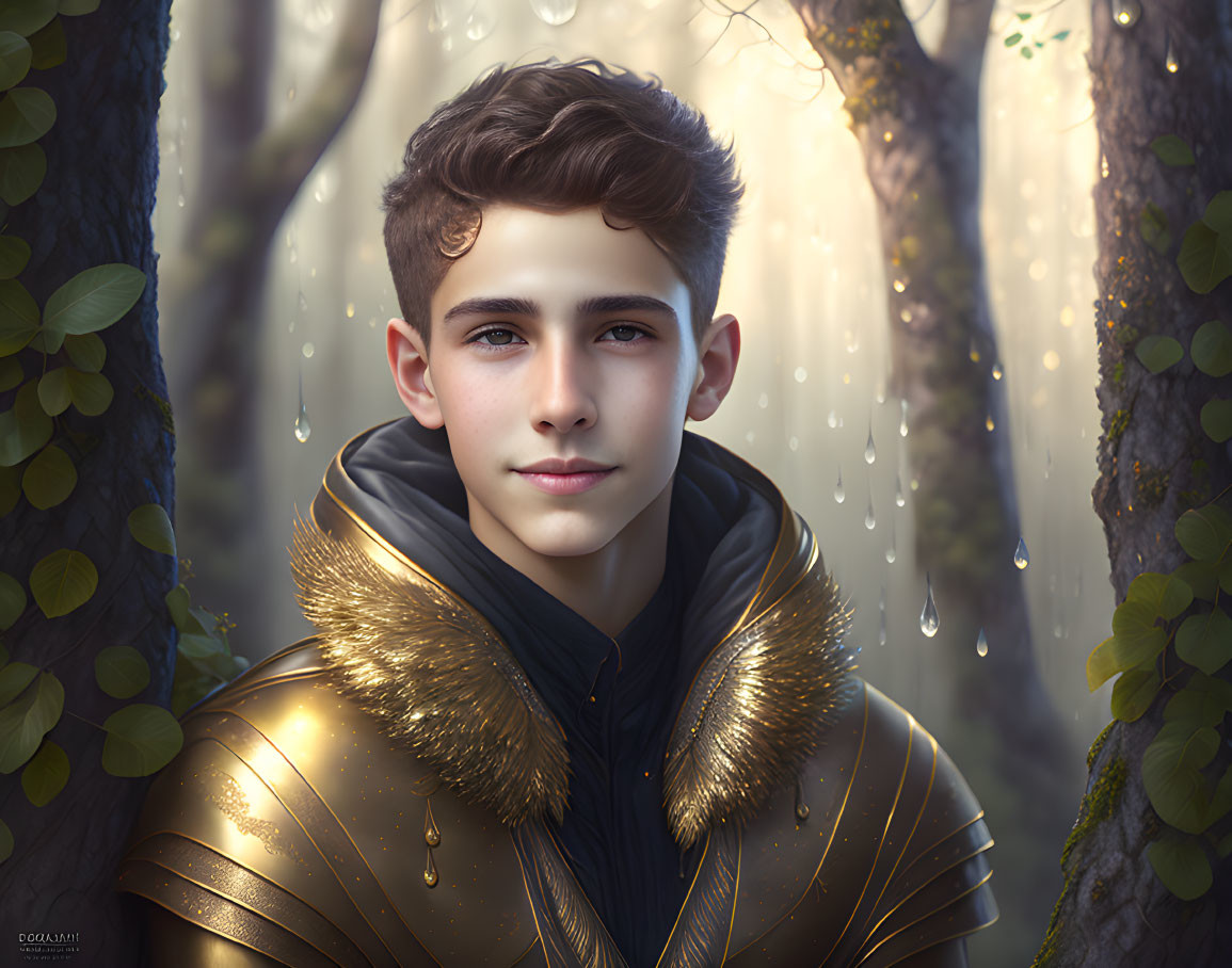 Curly-Haired Man in Golden Jacket in Serene Forest Scene