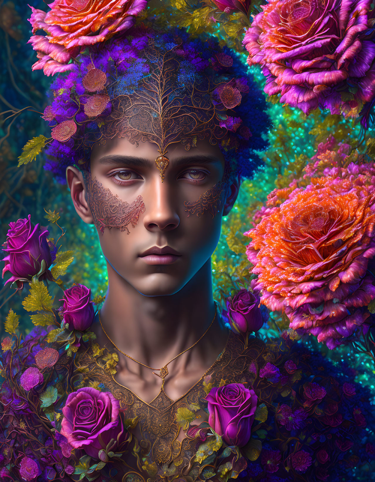 Portrait of person with golden facial adornments among vibrant flowers