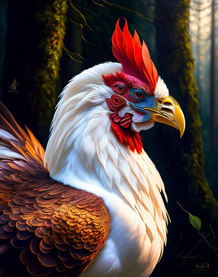 Detailed digital artwork: Rooster with white plumage, red comb, and forest background