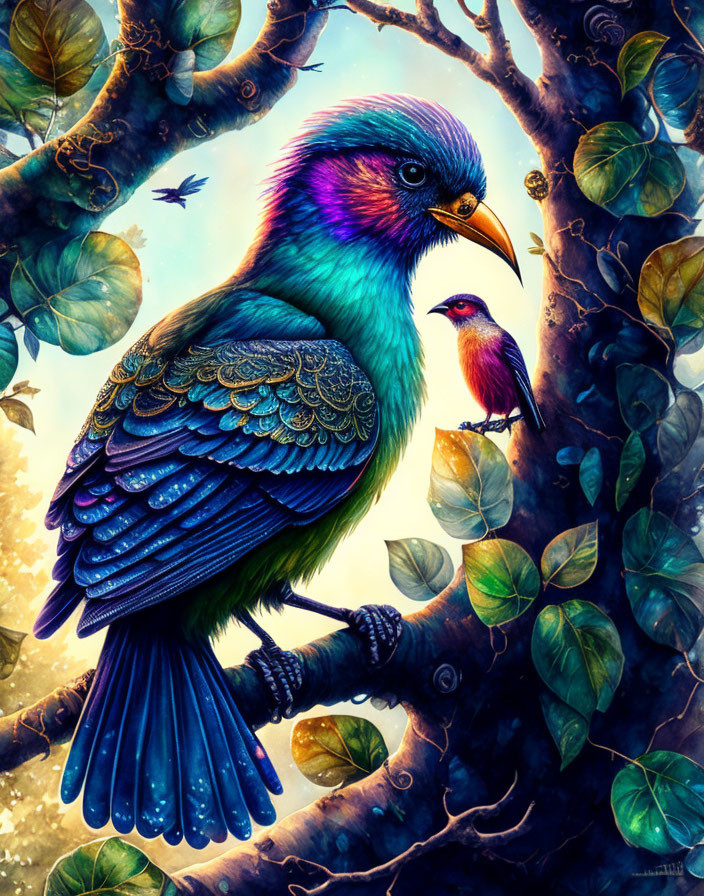 Colorful Bird Artwork Featuring Intricate Feathers and Lush Foliage