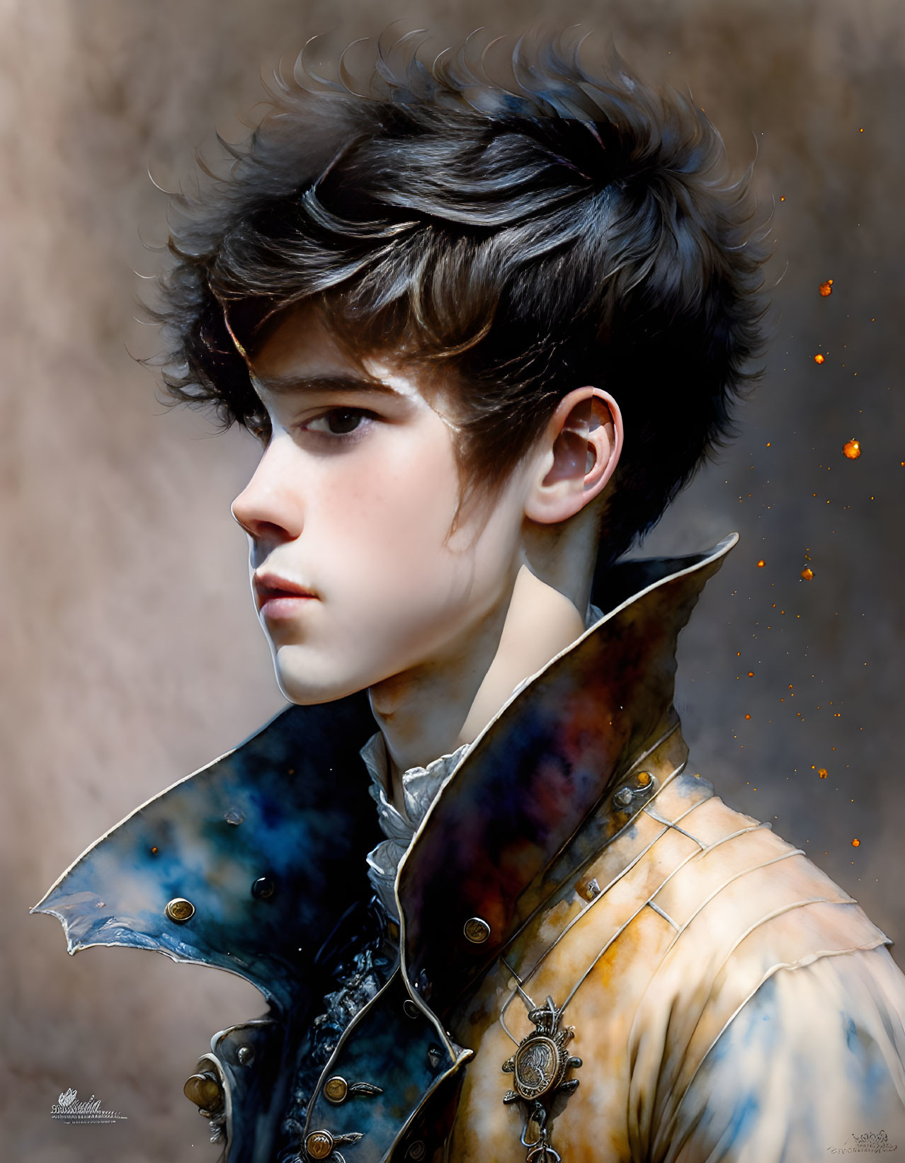 Dark-Haired Youth in Ornate Metallic Outfit Portrait