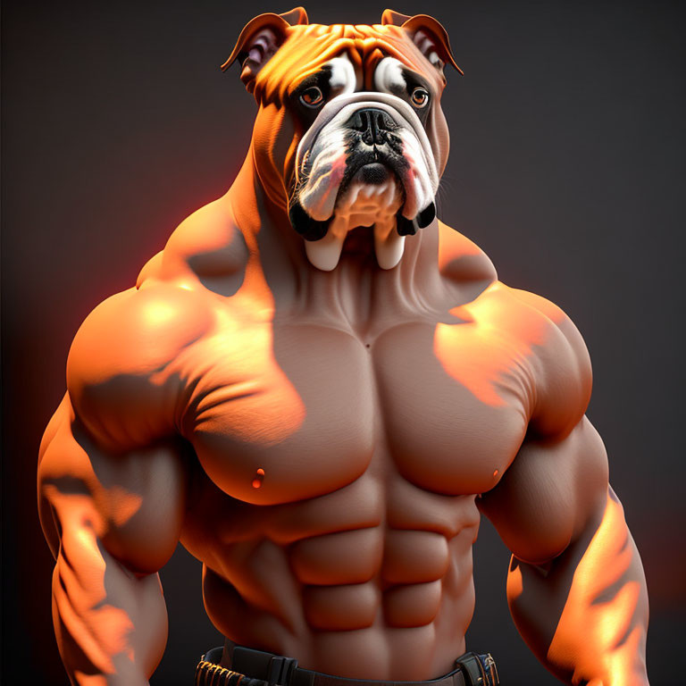 Muscular anthropomorphic bulldog with serious expression on dark background