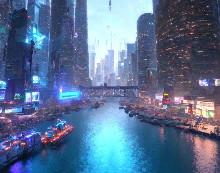 Futuristic cityscape at dusk: neon signs, skyscrapers, flying vehicles, river boats