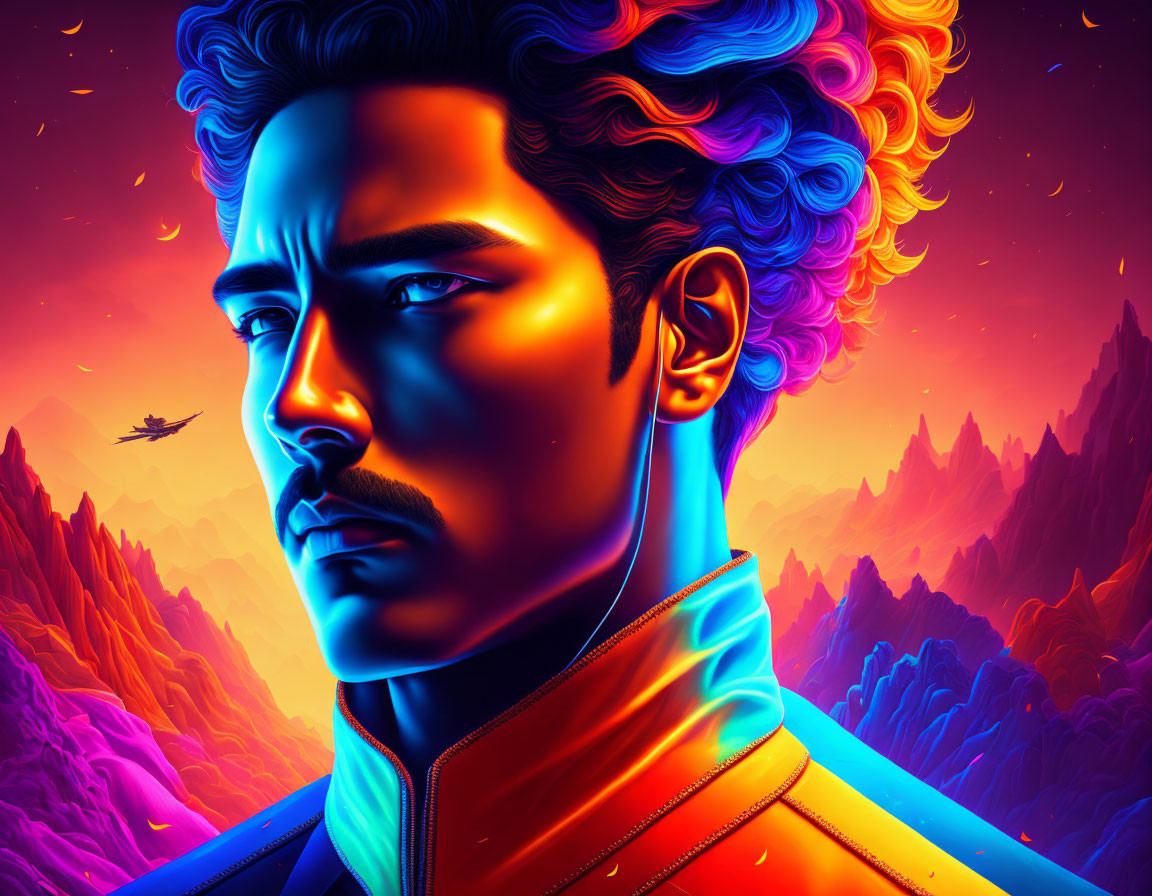 Colorful digital artwork of man in blue and purple tones with mountain landscape and futuristic aircraft.