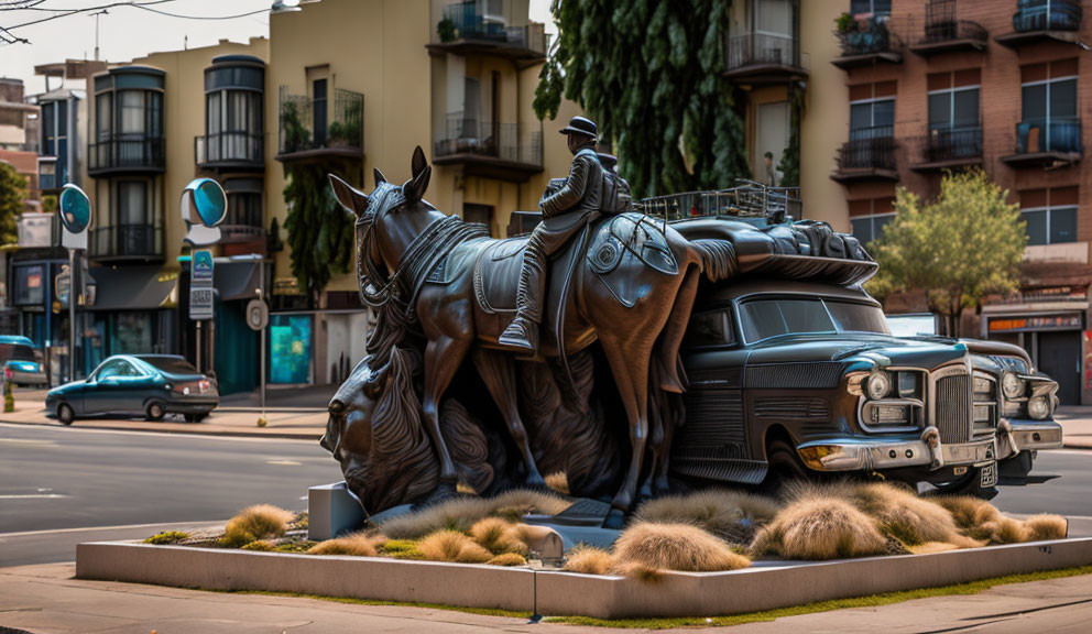 Bronze cowboy on bucking horse sculpture in urban setting