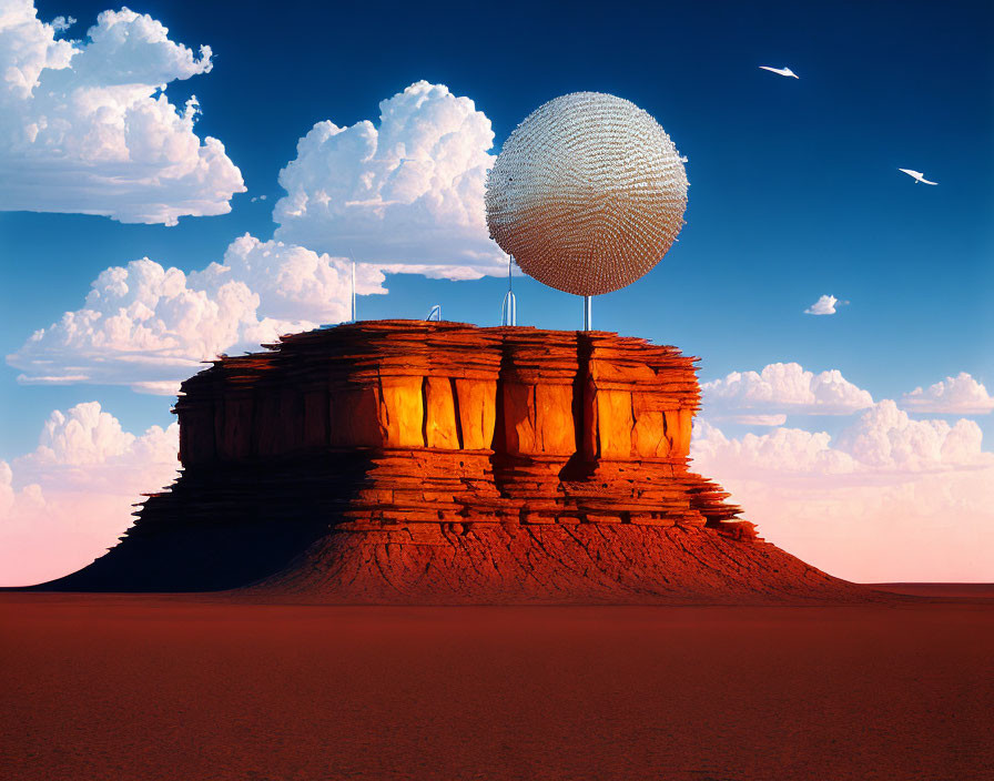 Futuristic spherical structure on layered desert rock under blue sky