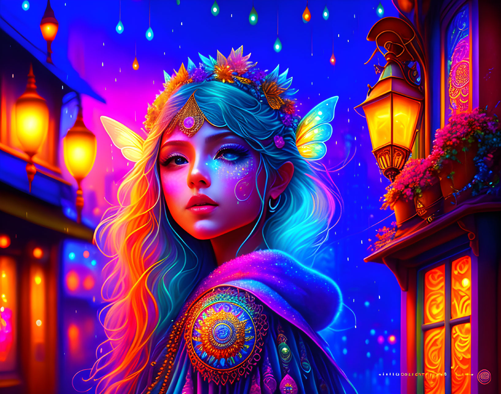 Fantasy elf with blue eyes and golden jewelry in colorful night scene