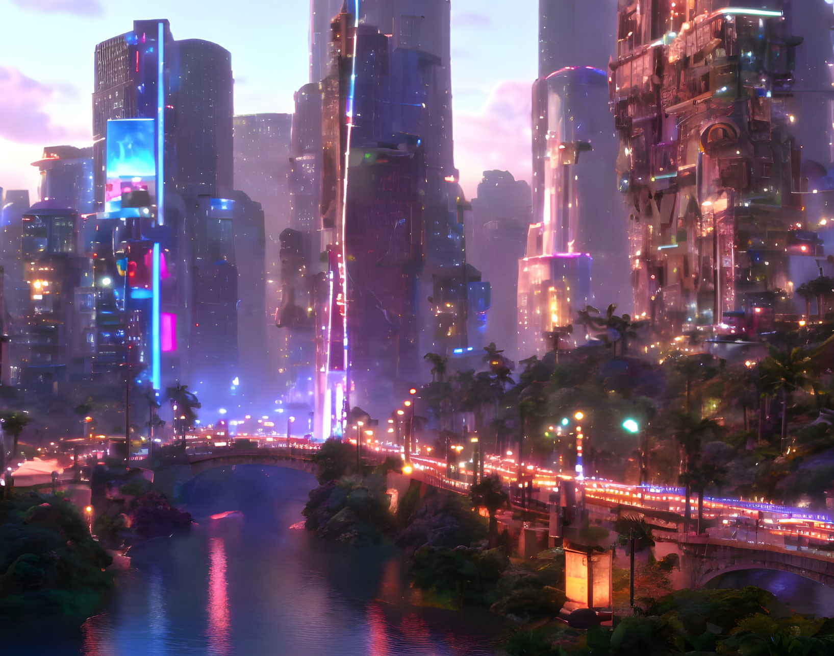 Futuristic Twilight Cityscape with Neon Lights and Reflective Skyscrapers