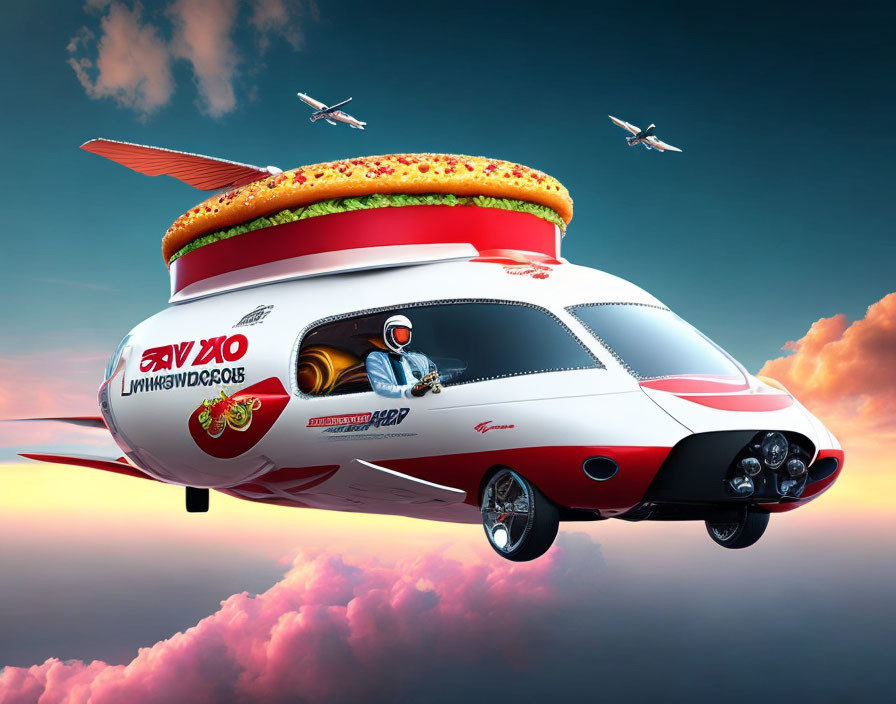 Whimsical hot dog-shaped flying vehicle with pilot in racing attire flying among clouds