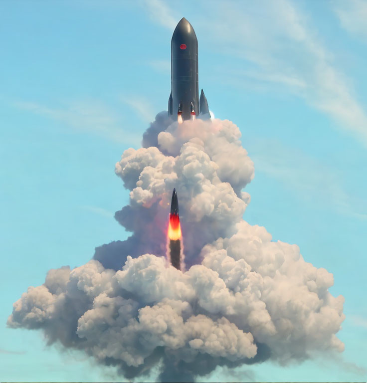 Rocket ascending through dense smoke in blue sky with bright orange flame.