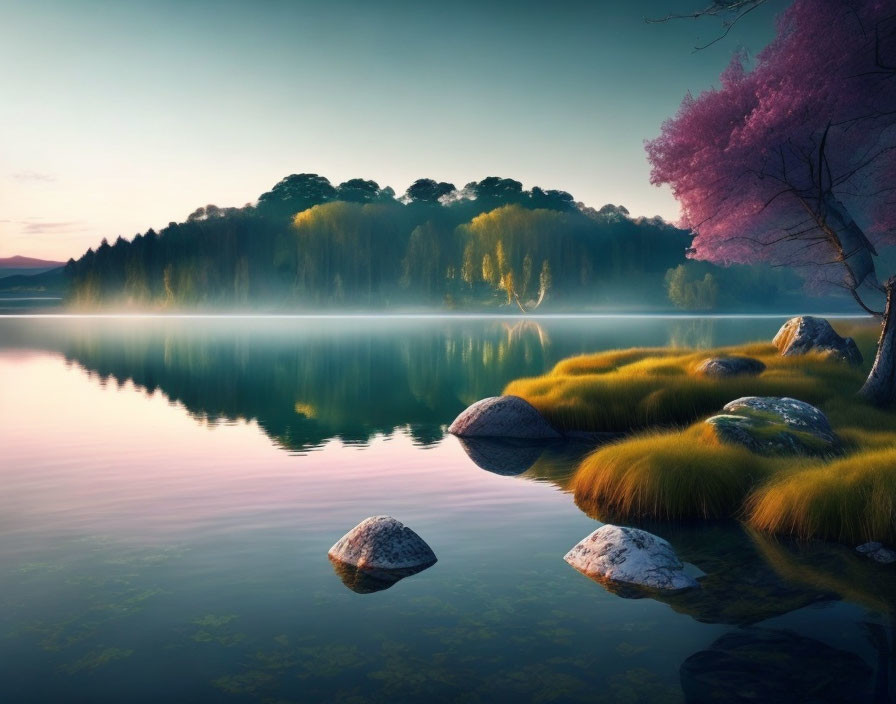 Tranquil lake scene at dusk with reflected trees, pink blooming tree, and lush greenery