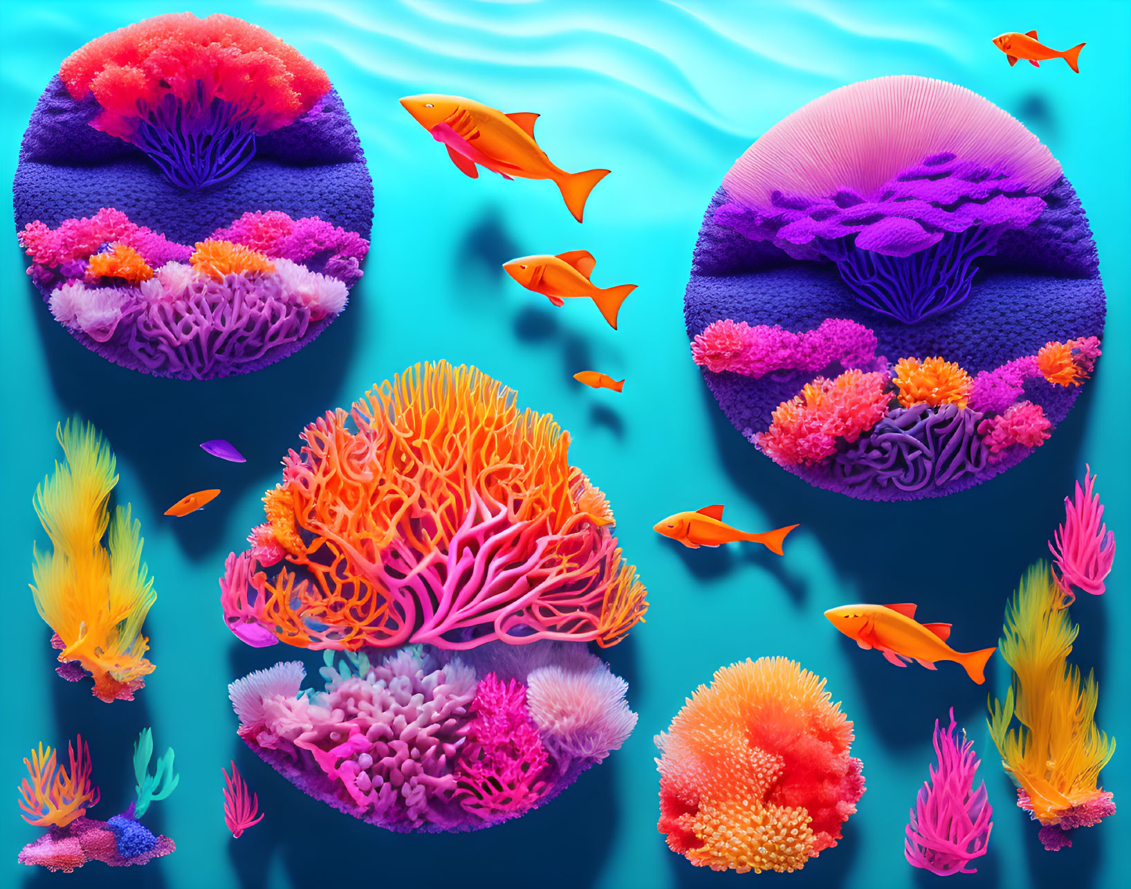 Colorful Digital Art: Stylized Coral Reefs & Fish in Teal Ocean