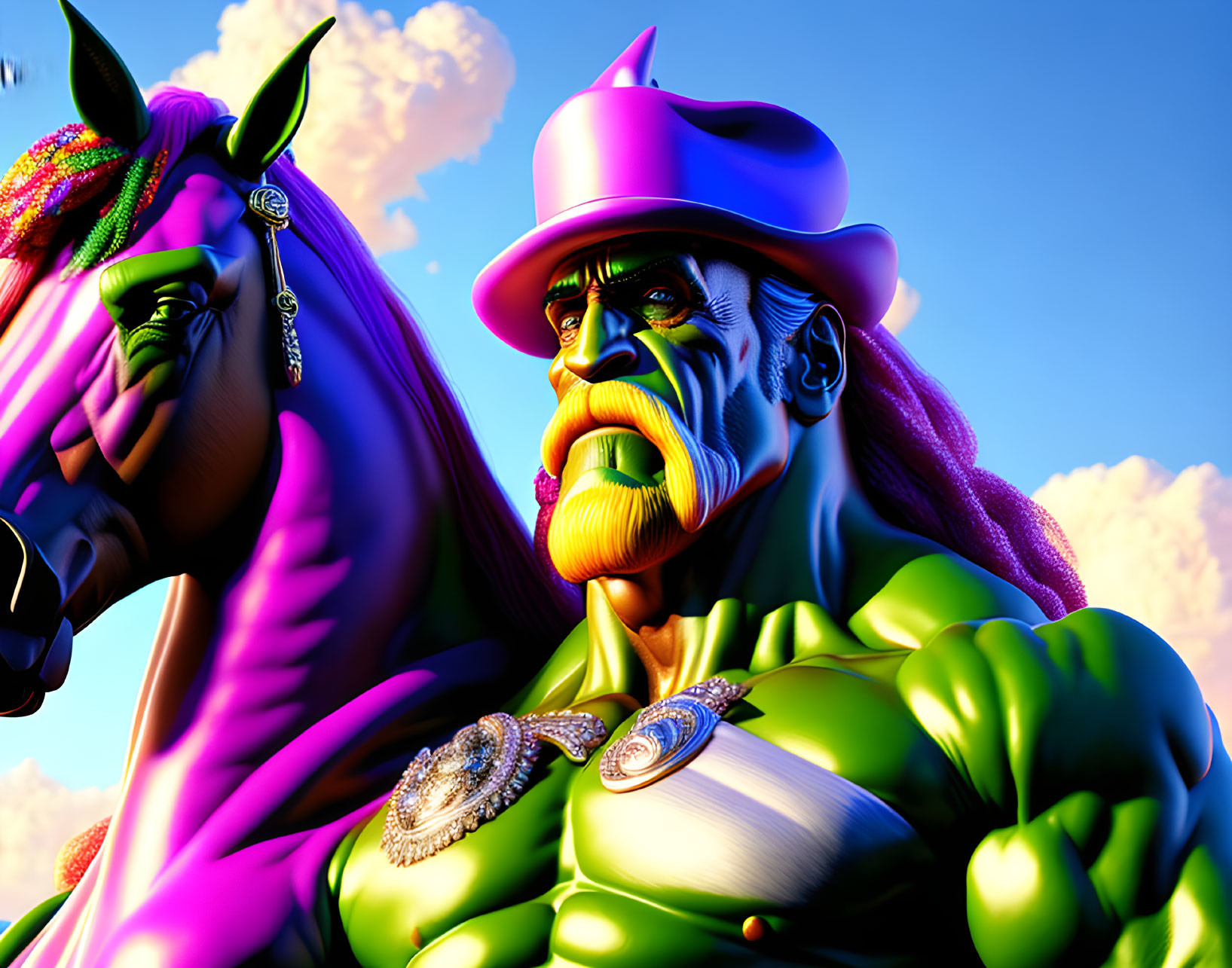 Colorful Stylized Image: Muscular Man in Green Suit and Pink Hat with Horse under Blue