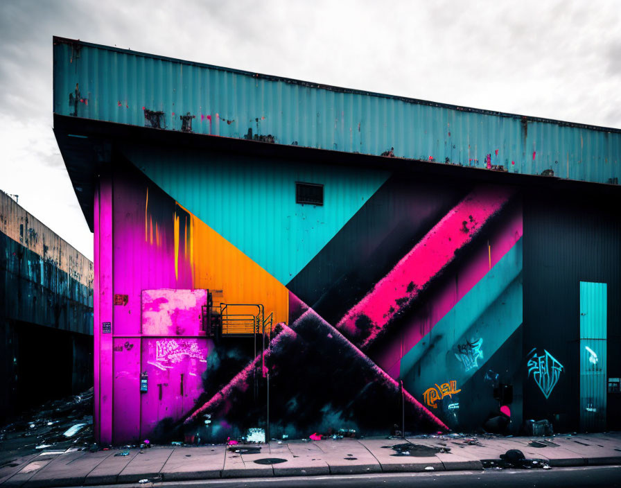 Abandoned industrial building with vibrant pink and blue graffiti under moody sky