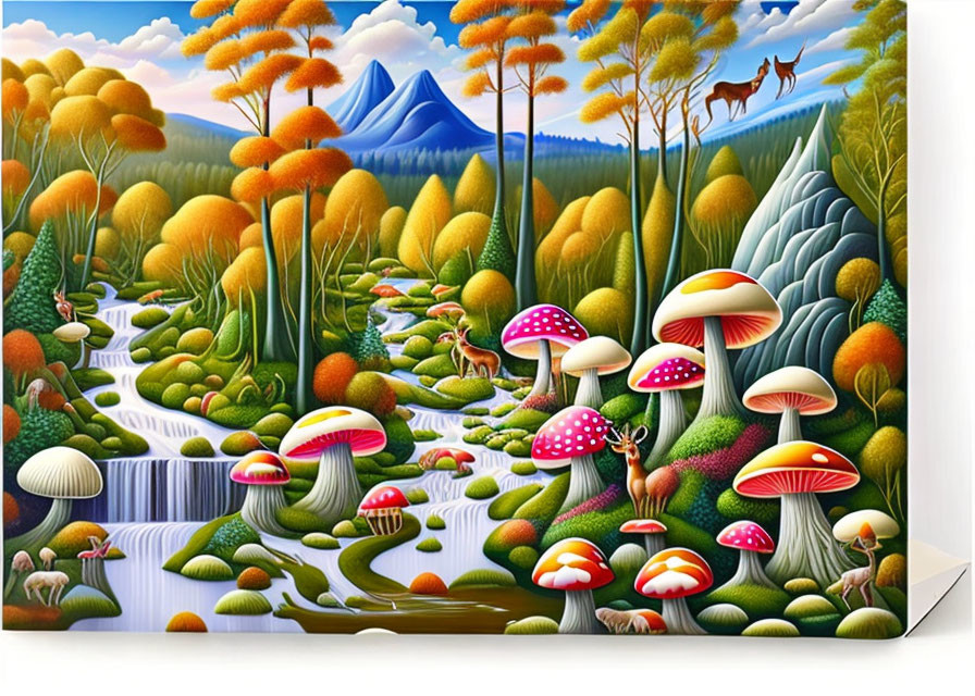 Colorful Mushroom Forest with Autumn Trees, Wildlife, Waterfall, and Mountains