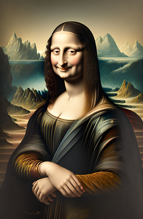 Stylized Mona Lisa with Exaggerated Features in Mountain Landscape