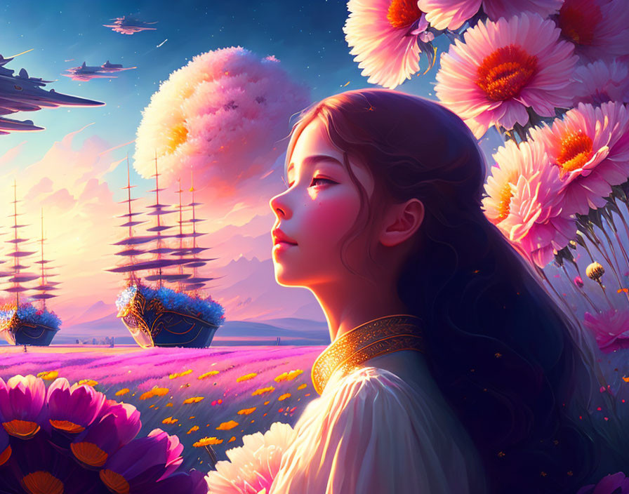 Woman admiring ships in sky over giant flowers and vibrant sunset