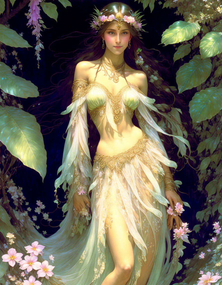 Ethereal Woman in Fantasy Setting with Golden Jewelry and Floral Crown