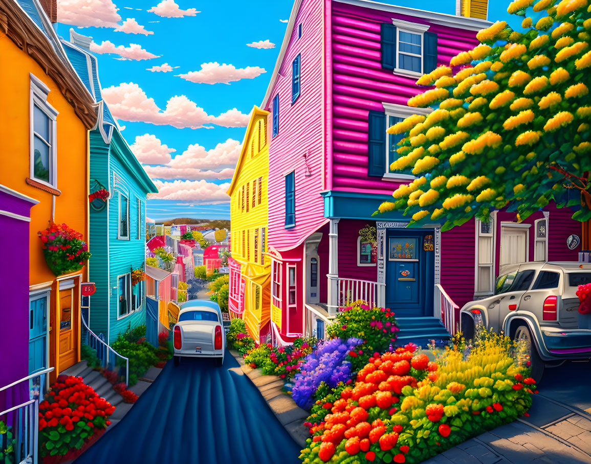 Colorful Houses and Blooming Flowers on Vibrant Street