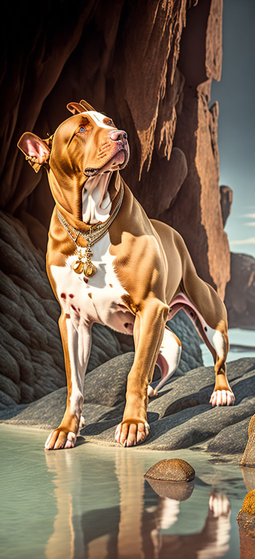 Brown and White Muscular Dog with Gold Chain Collar on Rocky Terrain