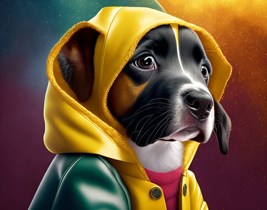 Dog in Yellow Hooded Jacket with Cosmic Background in Red, Orange, and Purple