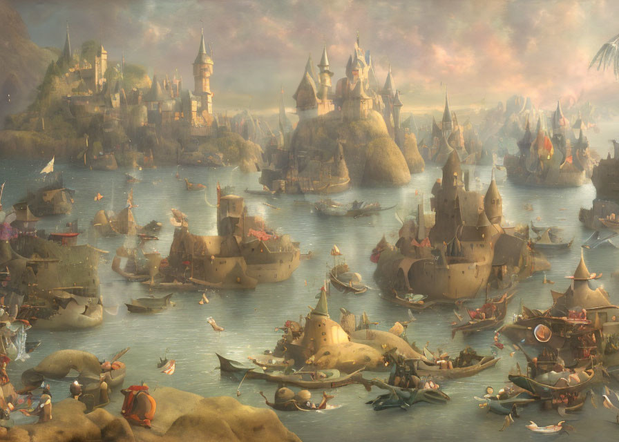 Fantastical seascape with elaborate castles, boats, and bustling maritime activity at sunset