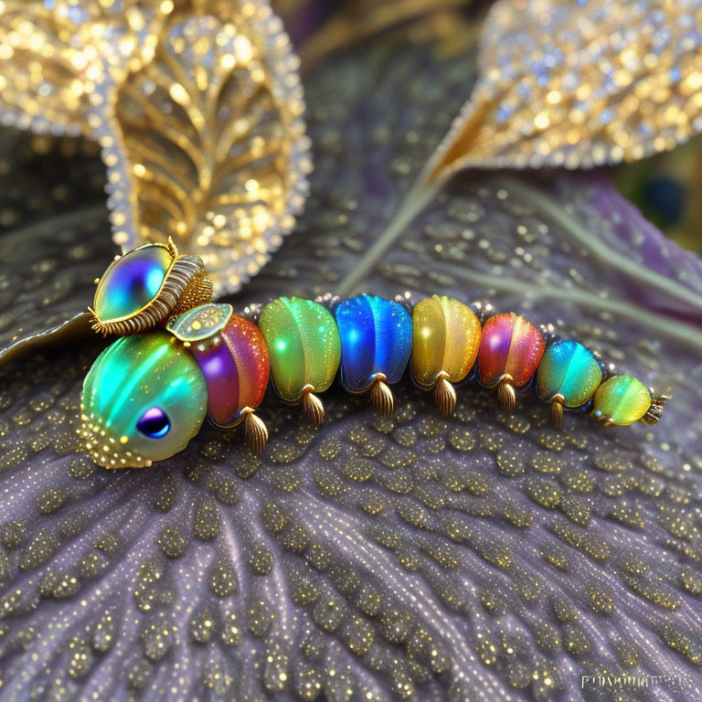 Colorful jeweled caterpillar on glittery leaf with golden decorations